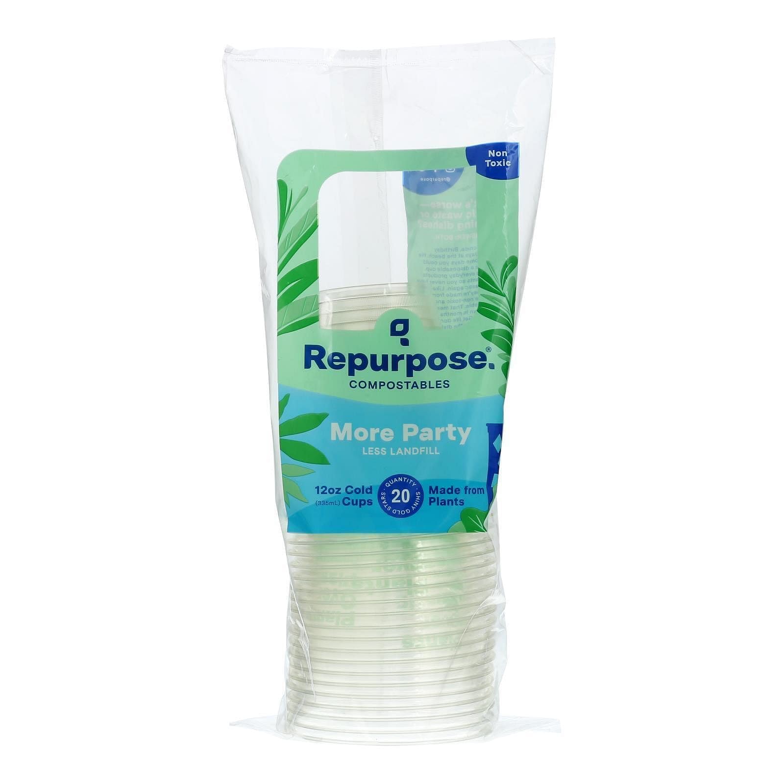 Repurpose Compostables Plant-Based Clear Cold Cup, 12 Ounce Party Cups, 20 Cups