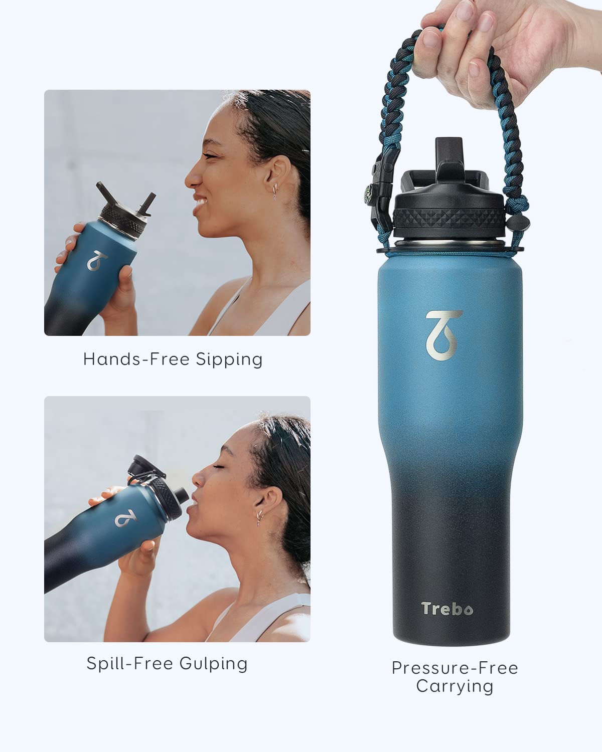 Trebo 32Oz Insulated Water Bottle That Fits In Cup Holder, Stainless Steel Double Wall Tumbler Flask Bottles With Paracord Handl