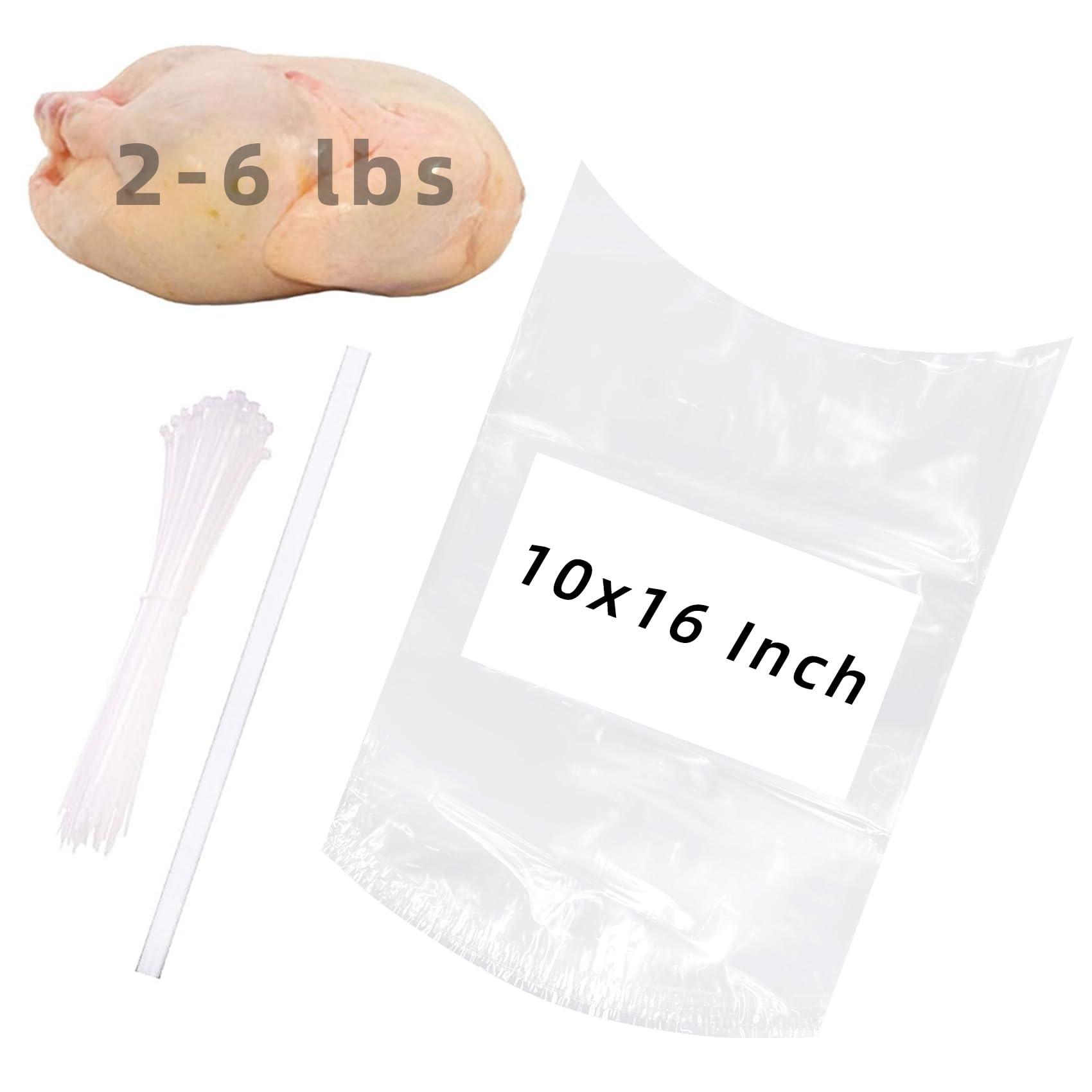 Poultry Shrink Wrap Bags,10x16 Inches 50 Pcs Clear Poultry Heat Shrink Bags Freezer with Zip Ties,Silicone Straw for Chickens,Ra
