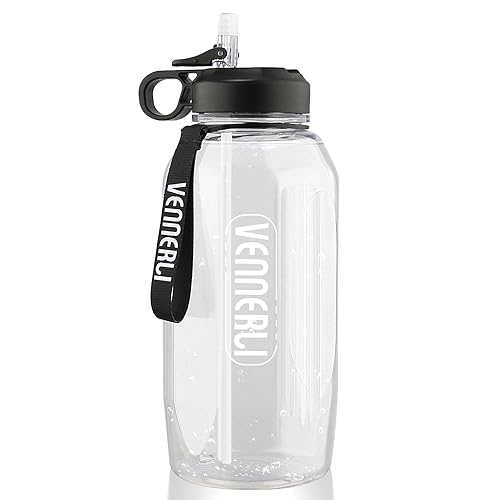 Half Gallon Water Bottle with Handle BPA Free Sports Water Bottles 74oz Large Plastic Water Jug with Straw VENNERLI 2.2L Motivational Water Bottle with Straw for Outdoor Hiking Camping Running (QL-Clear)