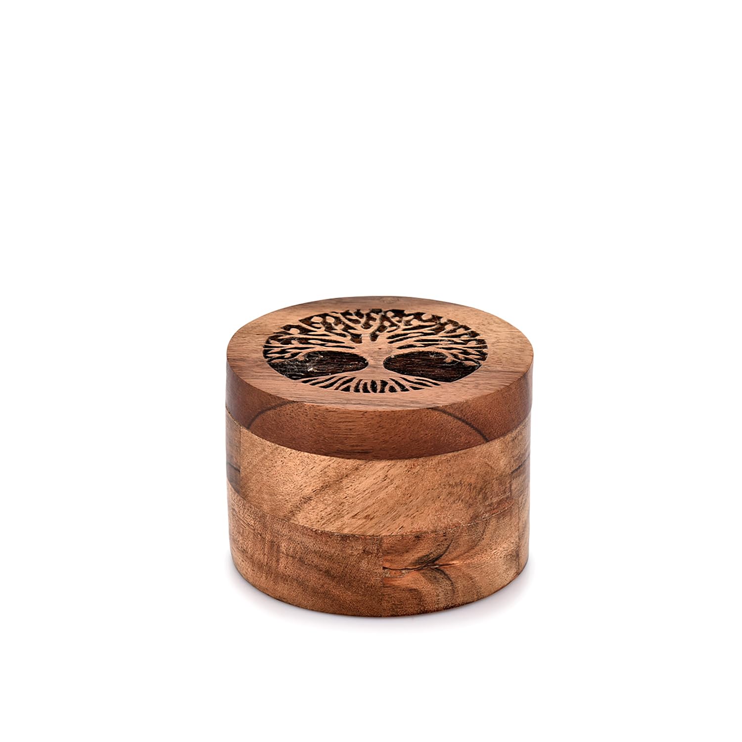Edhas Acacia Wood Spice Cellars Box With Lid For Kitchen, Countertop, Round Storage Box For Spices (3.5'' X 3.5'' X 2.5'')