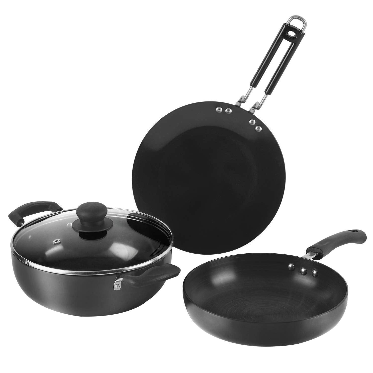 Vinod Black Pearl Hard Anodised Cookware Set Of 3 | 3 Litre Deep Kadai, 24Cm Deep Frypan, 25Cm Tawa | Common Glass Lid | Metal S
