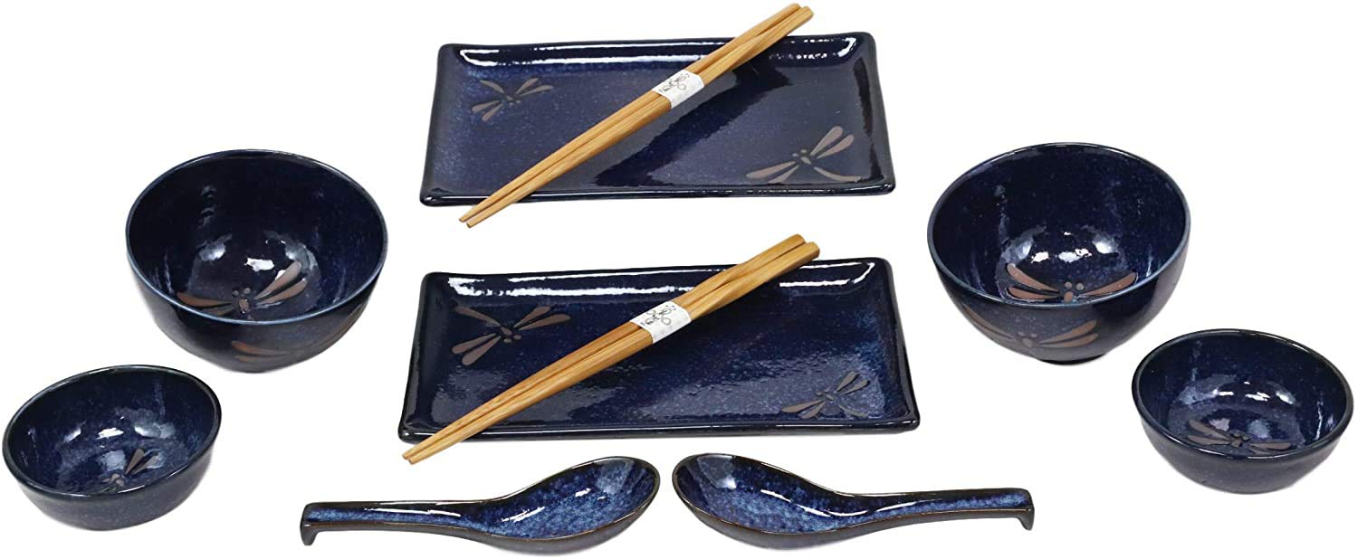 Ebros Gift Japanese Mino Ware Tombo Dragonfly Blue Porcelain Sushi Dinnerware 10Pc Set For 2 People Pairs Of Sushi Plates Soup A