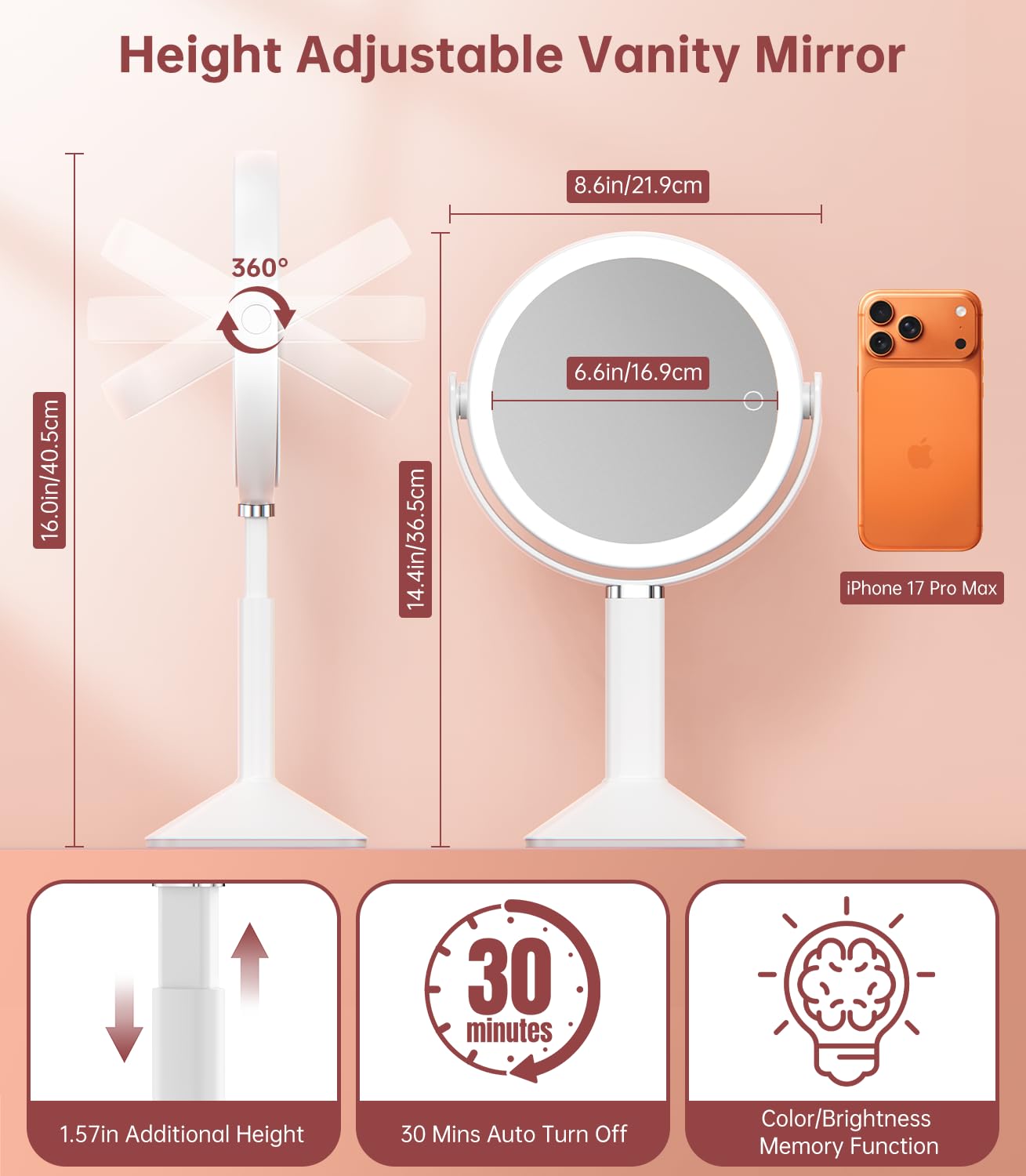 Benbilry 20X Magnifying Mirror with Light, Rechargeable 4000mAh Lighted Makeup Mirror with Magnification, Adjustable Height, 3 C