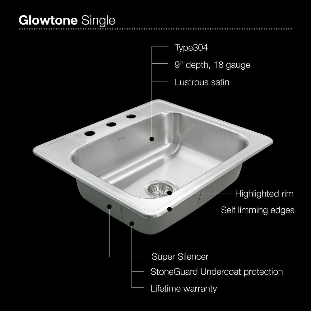 Houzer Glowtone 25 Inch Stainless Steel Topmount 3-Hole Single Bowl 9 Inch Deep Kitchen Sink - 2522-9Bs3-1