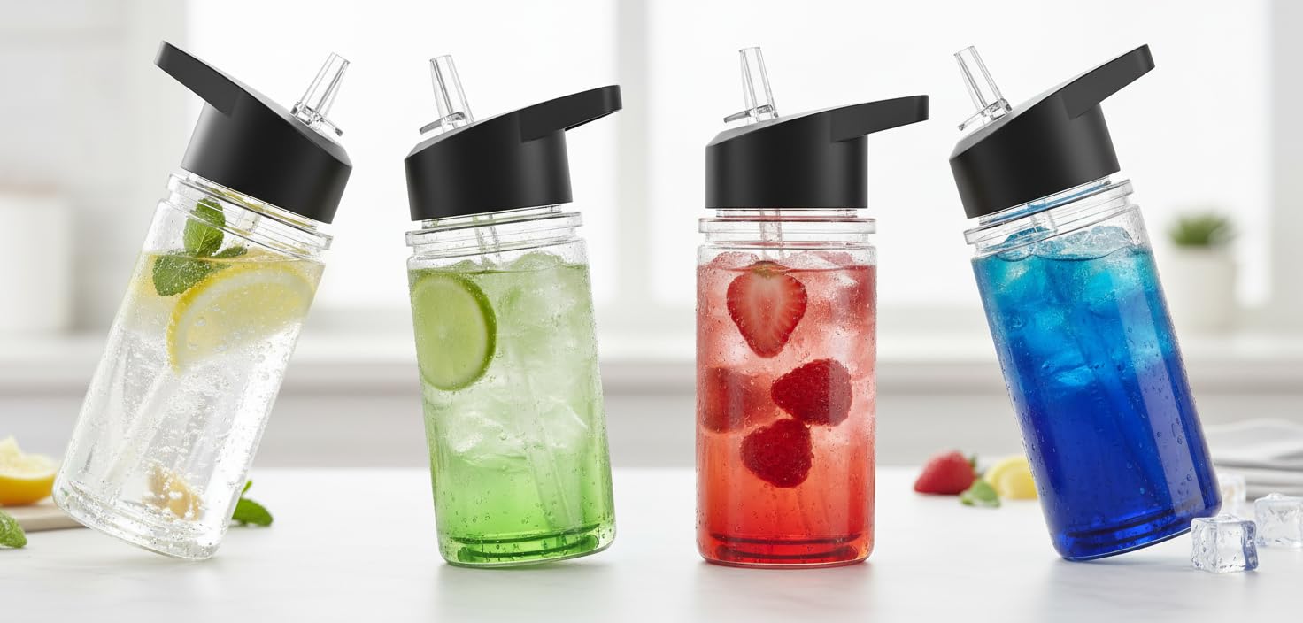CALIFORNIA STRAWS Set of 4 Double Wall Kids Sport Water Bottle 10 Oz, Shatterresistant (Clear)