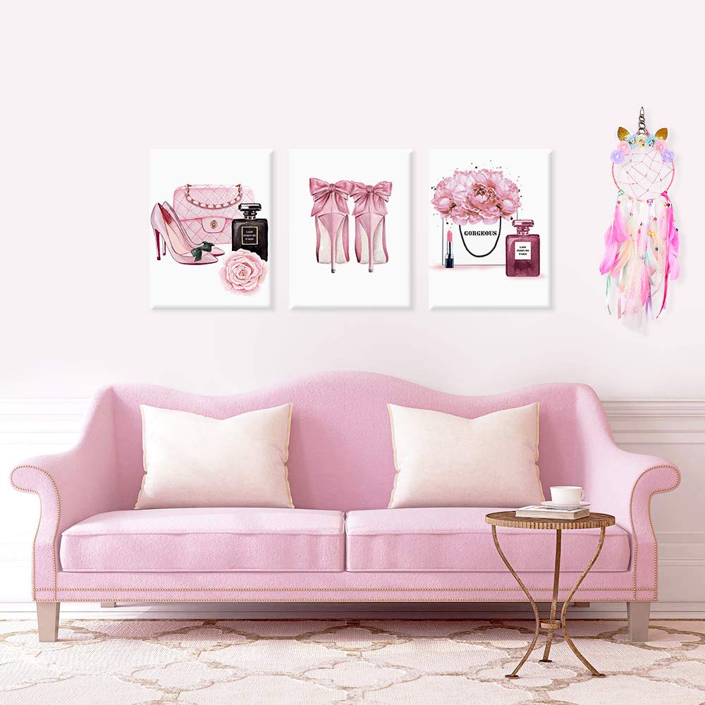 Hpniub Fashion Women Art Print Pink High Heels Flowers Painting Set Of 3 Pieces (11.8X15.6Inch) Canvas Perfume Poster With Frame