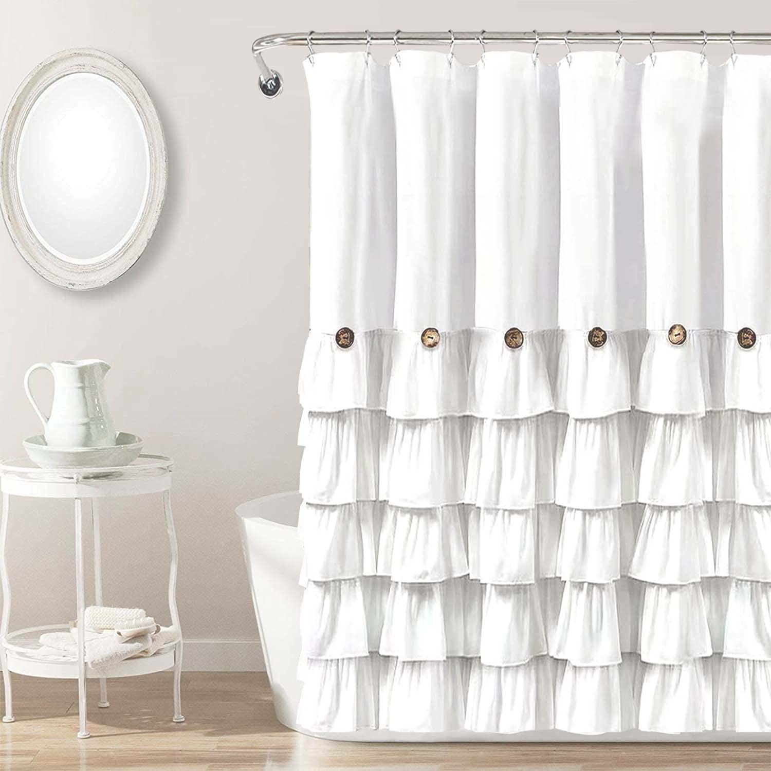 White Ruffle Shower Curtain Farmhouse Shower Curtain Set with 12 Hooks 72 X 78 inch Fabric Shower Curtains with Buttons & White 