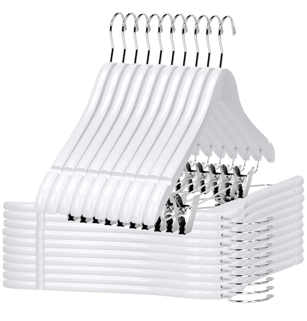 Quality Wooden Skirt Hangers With Clips, 20-Pack Semi Curved, Smooth Solid Wood Pants Hangers With Durable Adjustable Metal Clip