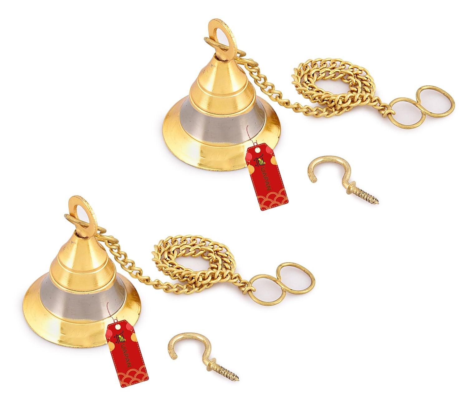 Uapan Brass Silver Gold Wall Hanging Bell With Chain And Hanging Hook For Home Mandir Temple Decorative I Puja Room (Pack Of 2 N