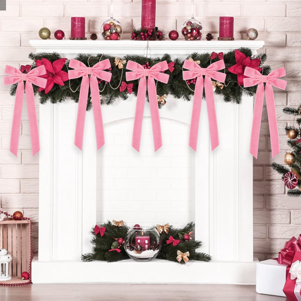 JOICEE 15Pcs Pink Velvet Bows, 5in x 12in Christmas Tree Wreath Bows Rustic Crafts Gift Ribbon Bows for Christmas Decorations In