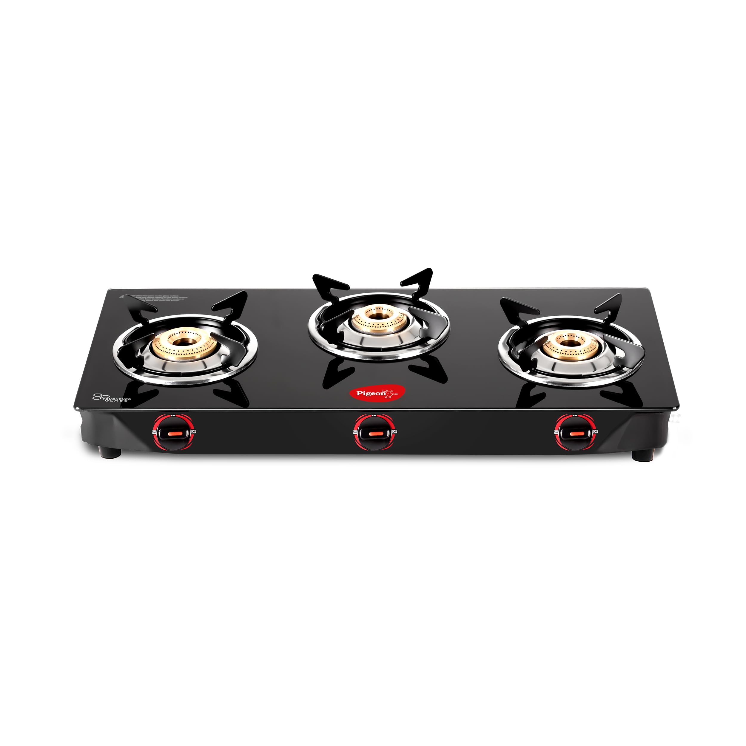 Pigeon By Stovekraft Aster 3 Burner Gas Stove With High Powered Brass Burner Gas Cooktop, Cooktop With Glass Top And Powder Coat