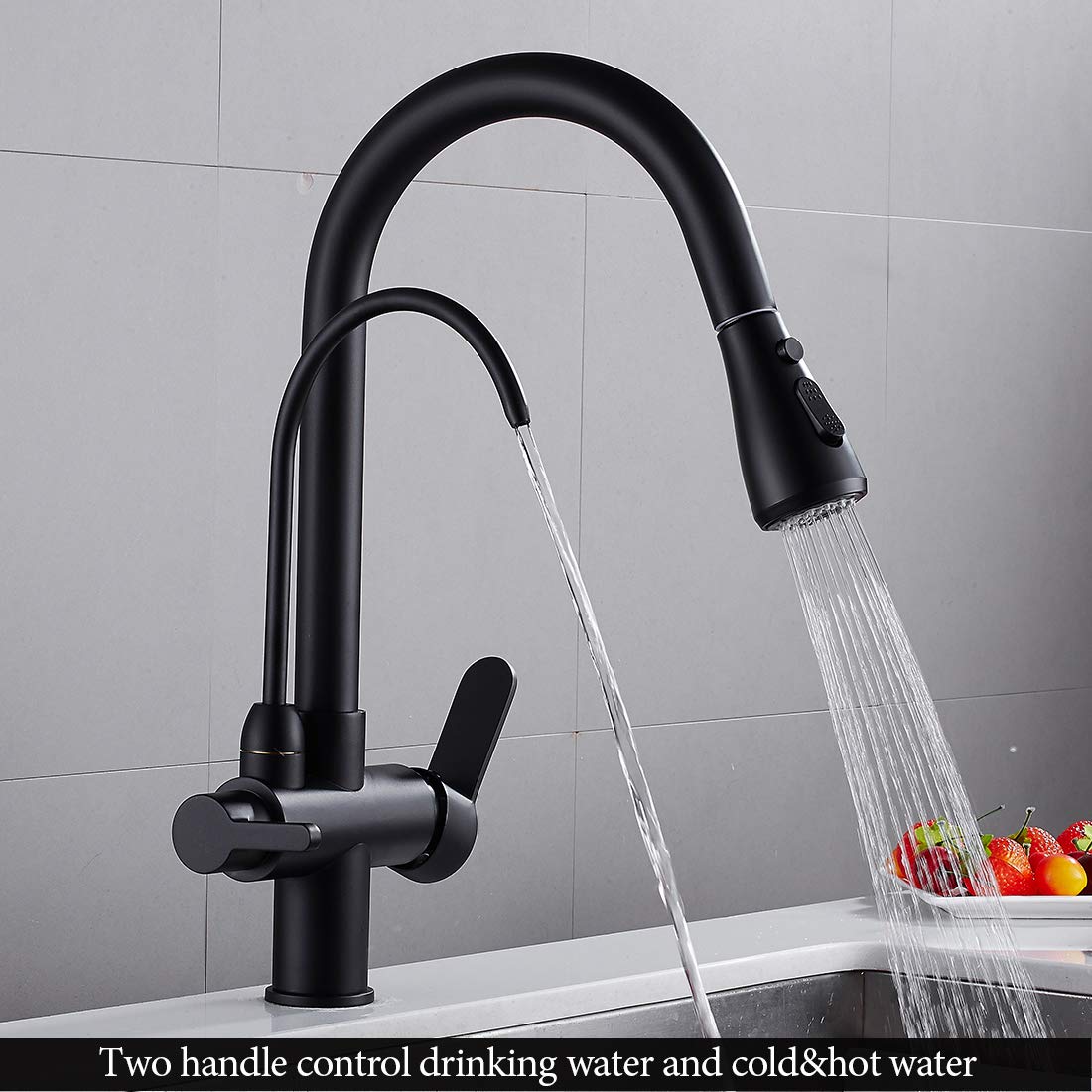 Wanfan Kitchen Sink Faucet With Pull Down Sprayer 2 Handle 3 In 1 Water Filter Purifier Faucets Black 0195R