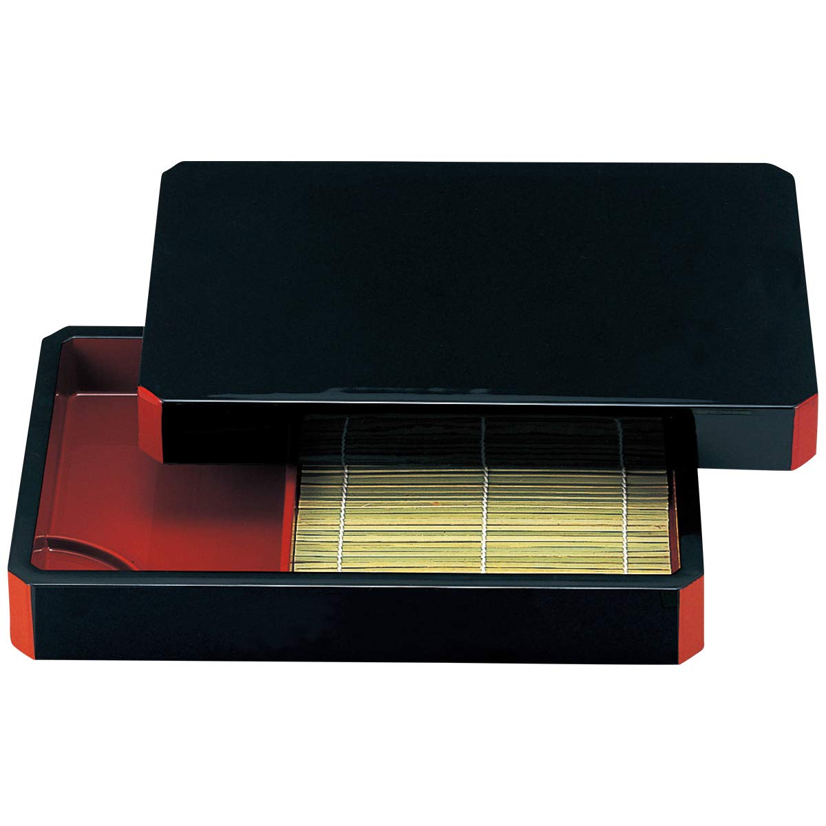 ??????(Fukui Craft) DX Corner Tenzal for Soba Udon Noodles, Black Uchi Version, Lid + Bamboo Buckwheat dish, 31.3x19.8x4.9cm