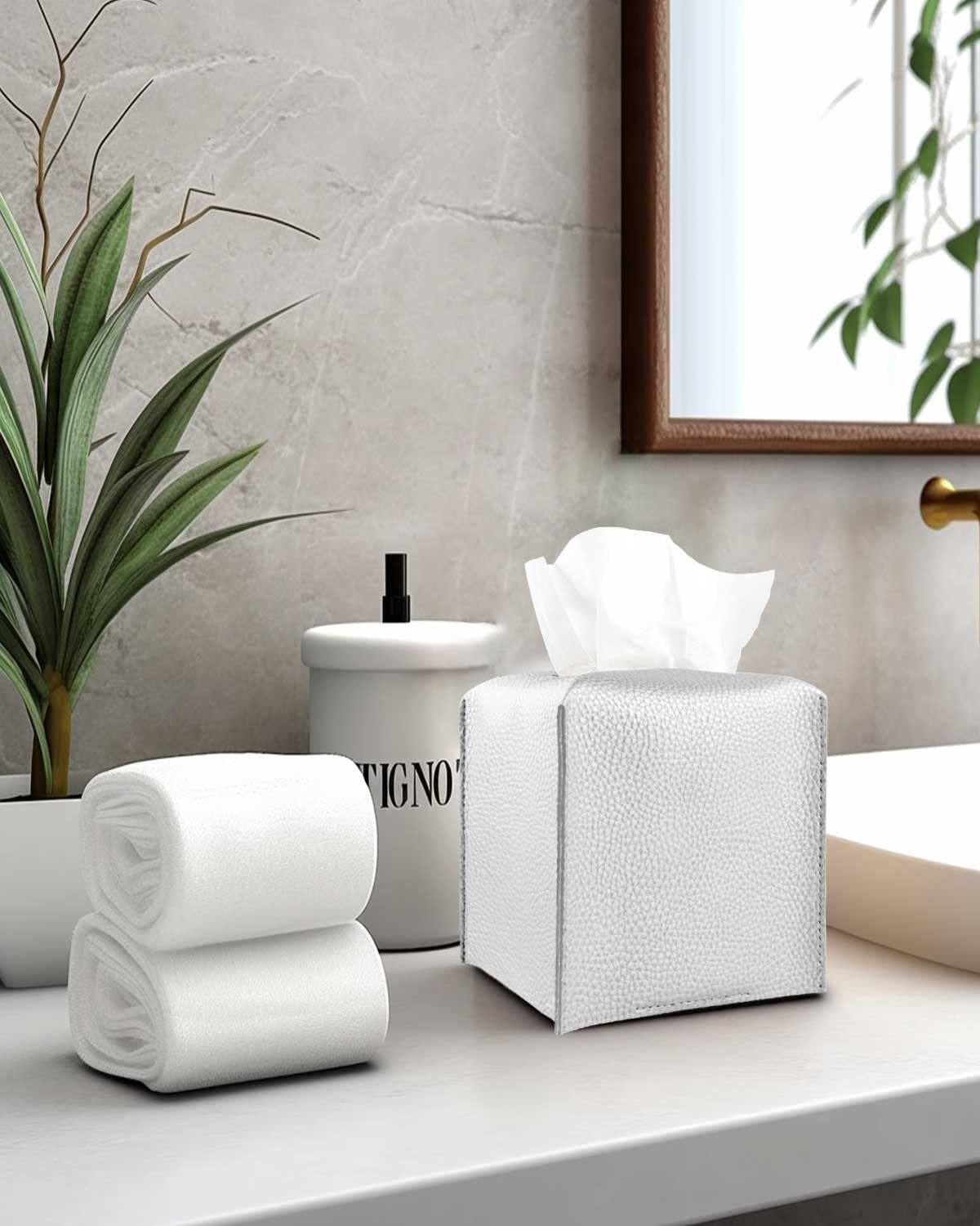 Silver Tissue Box Cover Leather - Square Tissue Box Holder With Bottom Belt By Jesmini, Modern Pu Leather Cube Tissue Holder For