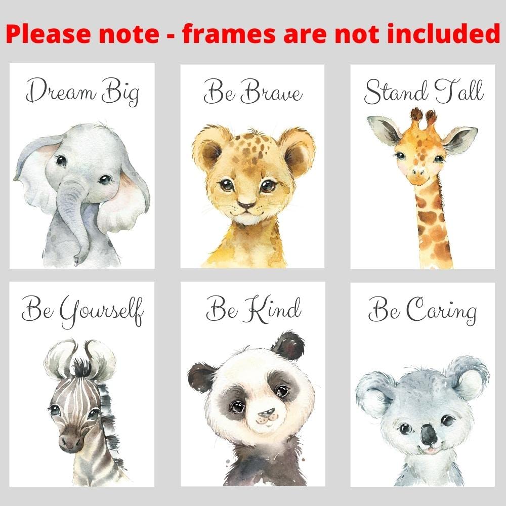 Baby Safari Animals For Girl Or Boy Nursery Bedroom, Set Of 6 Unframed Wall Art Prints, Jungle Portrait Quote Posters, Nursery D