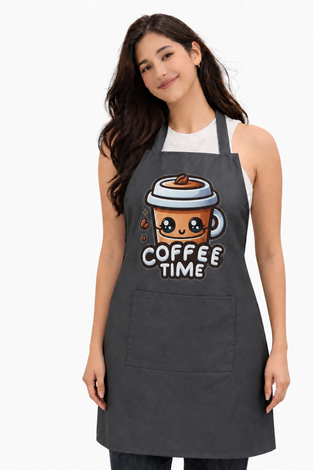 Safeeno Kitchen Apron With Cute Coffee Time Graphic, Kawaii Style, With Pocket (Grey)