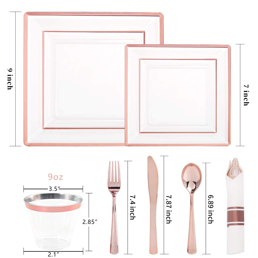 Wellife 350 Pcs Valentines Rose Gold Square Plastic Plates, Disposable Rose Gold Dinnerware Set, Includes: 50 Dinner Plates10.25