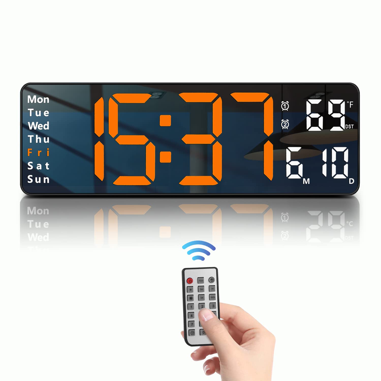 Jofomp Digital Wall Clock - Large 13 Inch Led Display, Alarm, Remote Control, Automatic Daylight Saving Time, Brightness, Date, 