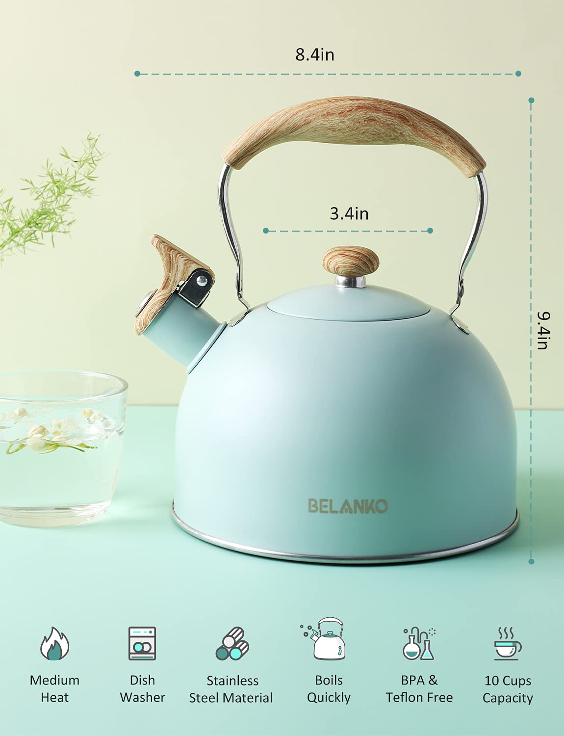 Tea Kettle, Belanko 85 Oz / 2.5 Liter Whistling Tea Kettle, Tea Pots For Stove Top Food Grade Stainless Steel With Wood Pattern