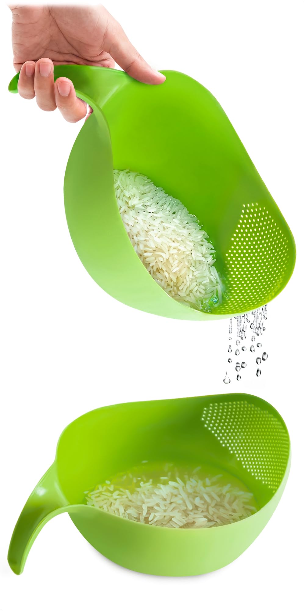 Rice Strainer with Handle - Lightweight Rice Washer Strainer Bowl with Smart Design for Easy Water Draining, Easy to Use & Clean