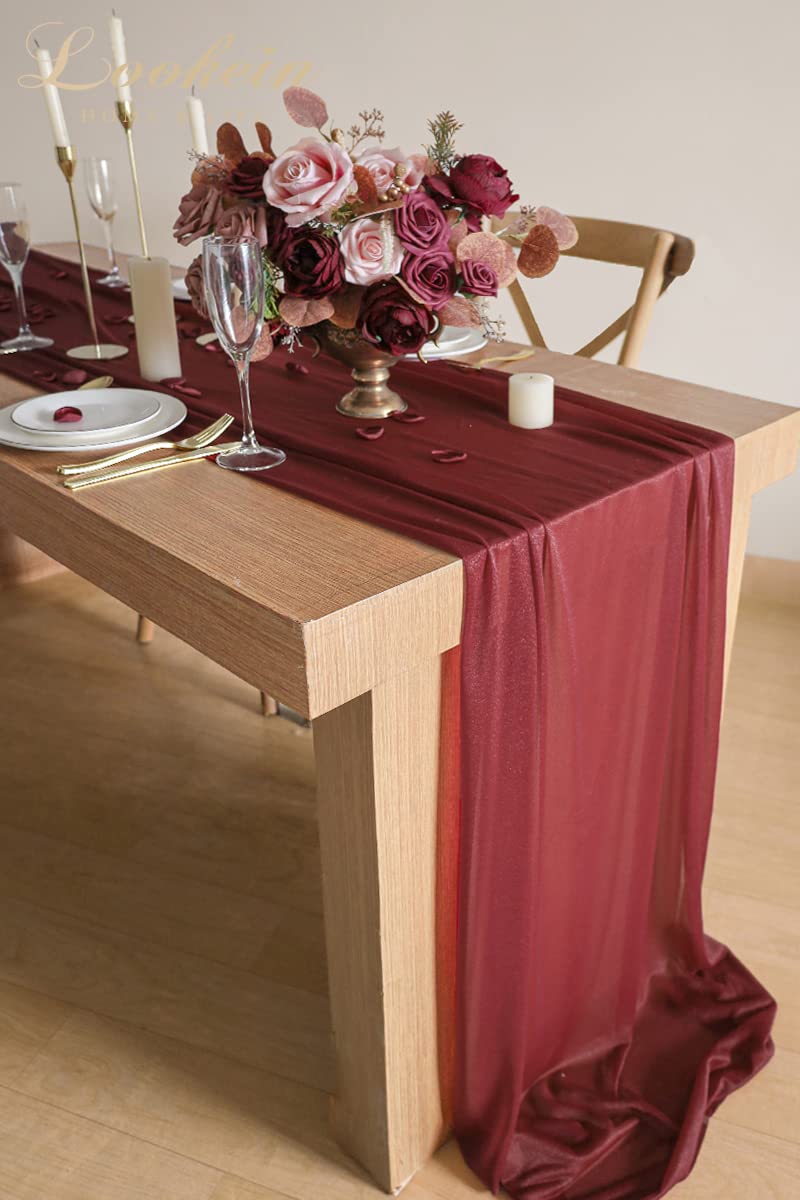 Lookein 10 Feet Burgundy Chiffon Table Runner Sheer Wedding Table Cloth 29X120 Inches Rustic Wedding Decorations French Chiffon