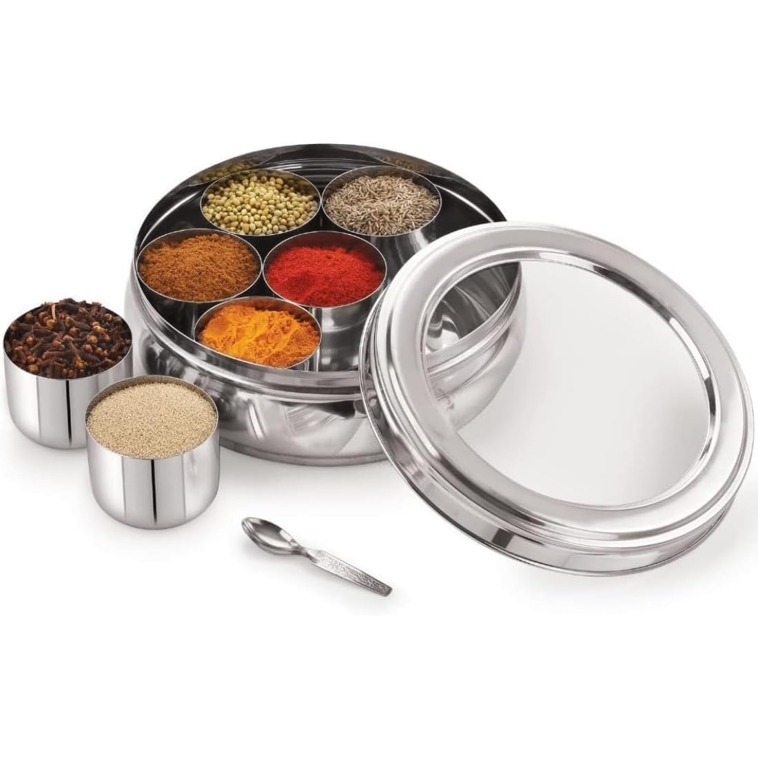 Jenico World Stainless Steel Belly Shape Masala (Spice) Box/Dabba/Organiser With See Through Lid With 7 Containers And Small Spo