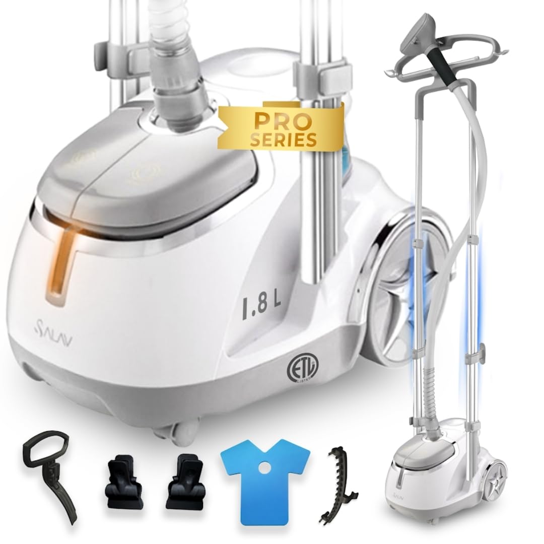 SALAV GS45-DJ Professional Upright Garment Steamer with Roll Wheels, Multi-Function Extra Wide Hanger, Fabric Brush & Mini Ironi