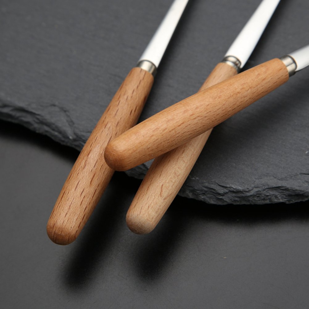 6 Pcs Wooden Handle Stainless Steel Two Prong Forks Fruit Cake Appetizer Forks