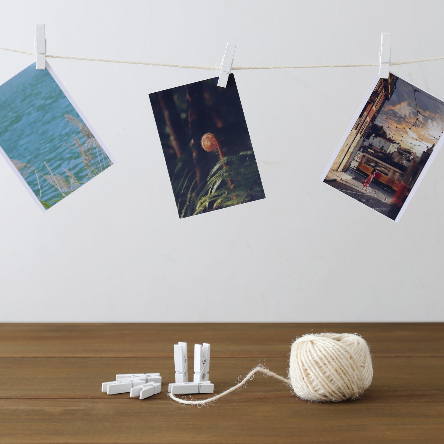 Hstech 100 Pcs White Mini Natural Wooden Clothespins And 82 Ft Jute Twine, Baby Clothes Pins, 3.5 Cm Craft Photo Clips For Home