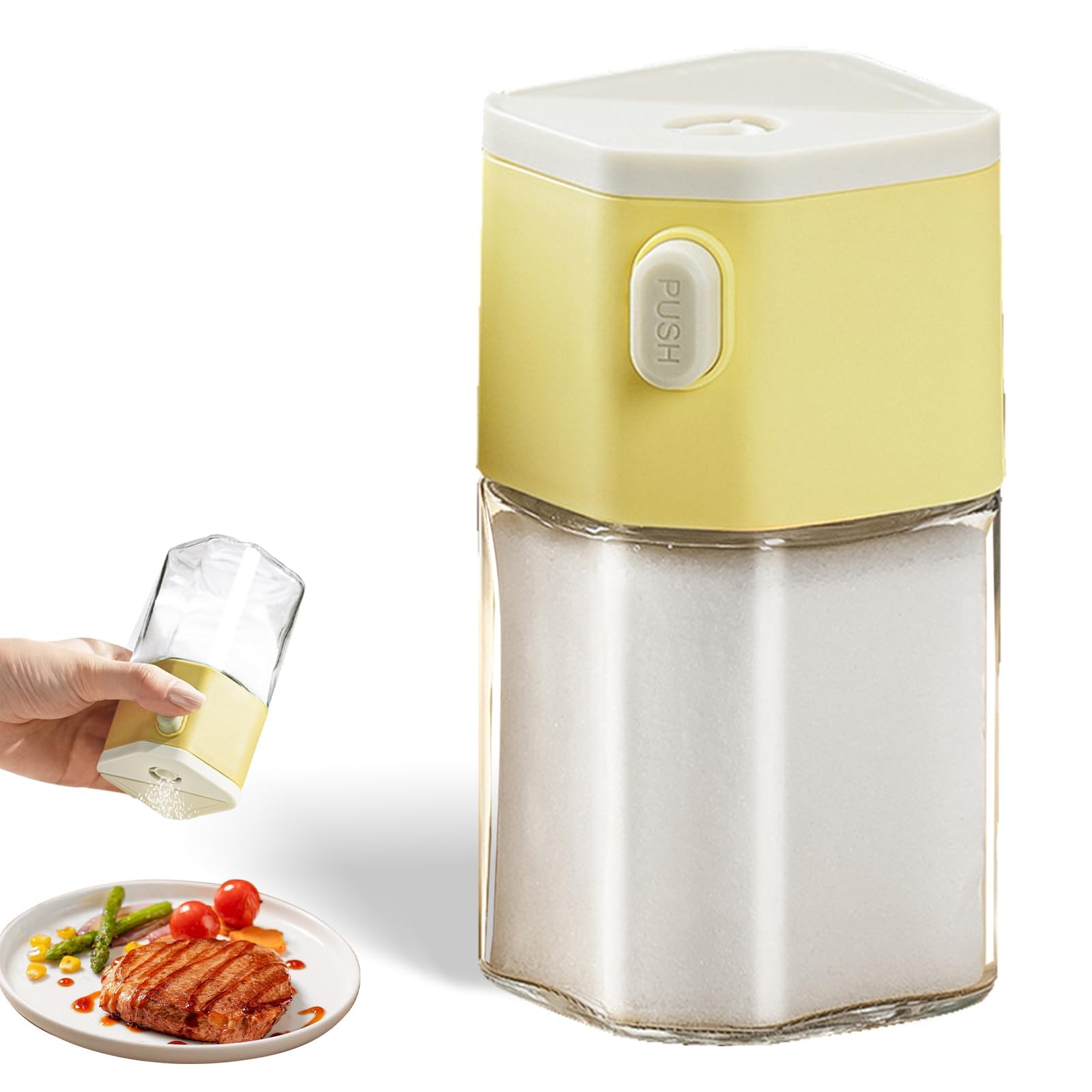 Kolorful Push Button Salt Dispenser Shaker With Glass Container (Yellow)