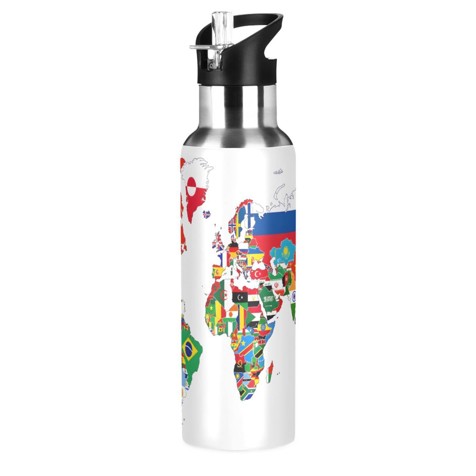 senya Water Bottle Handle Straw Lid Vacuum Insulated Stainless Steel Water Bottle National Flag World Map Leak Proof Sports Coff