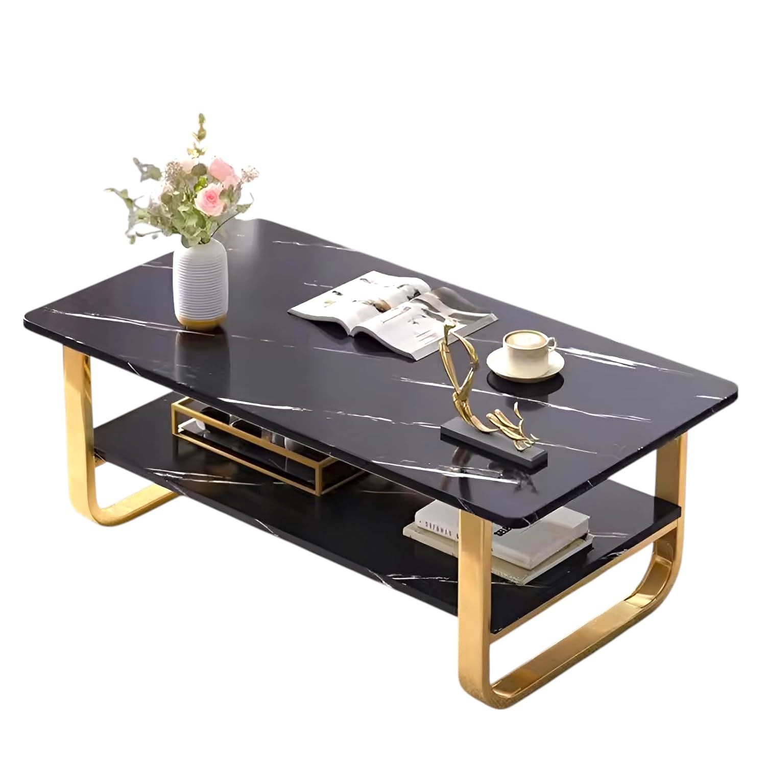 Creative Skills Engineered Wood Coffee Table With Metal Base & 2 Tier Storage | Modern Rectangle Center Table For Living Room So