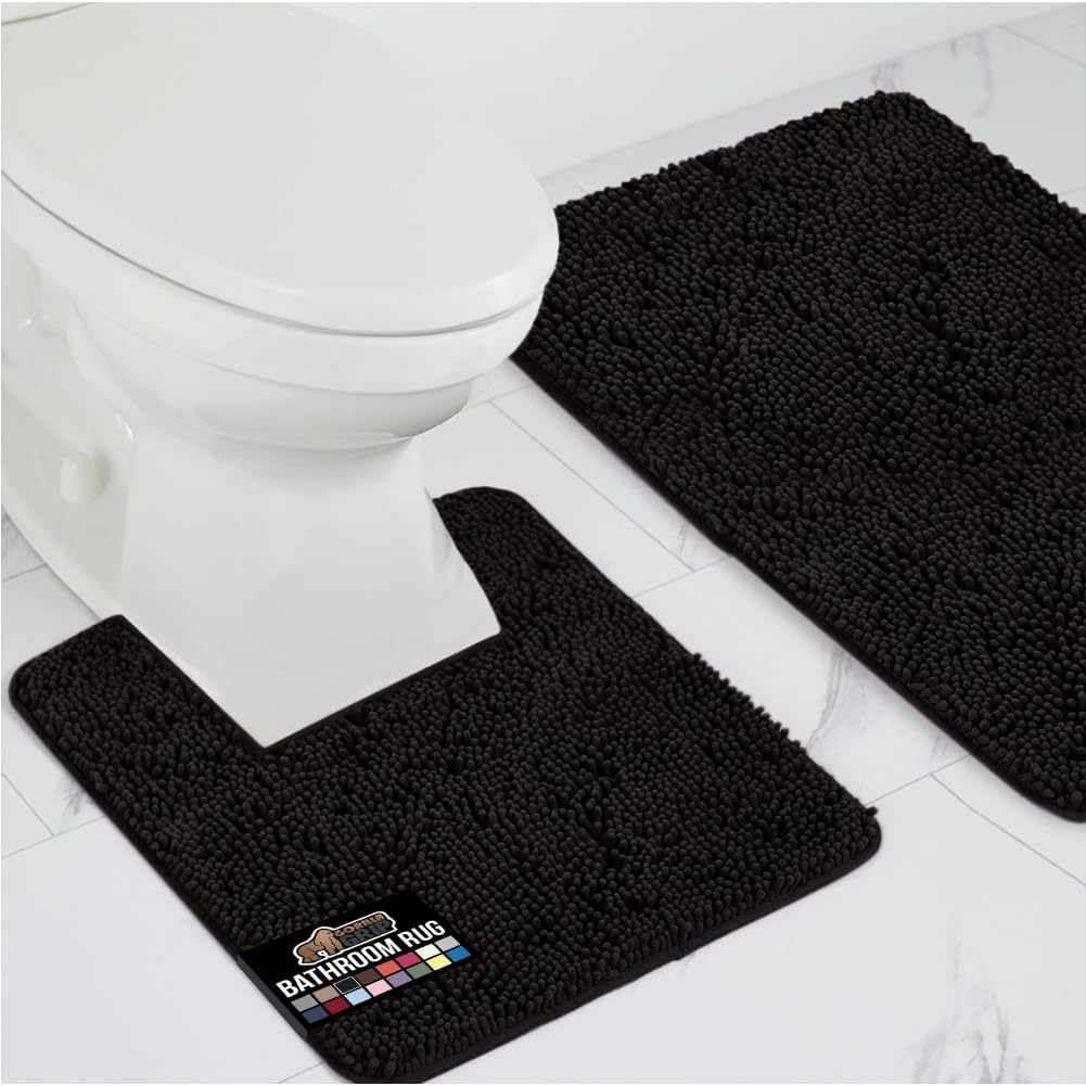 Gorilla Grip Area Rug Set  Soft Chenille 2 Piece Sets  Toilet Base Mat & 30x20 Mat  Absorbent Washable Mats  Microfiber Dries Quickly  Rugs for Home  Kitchen  Bath Tub  Bathroom  Black