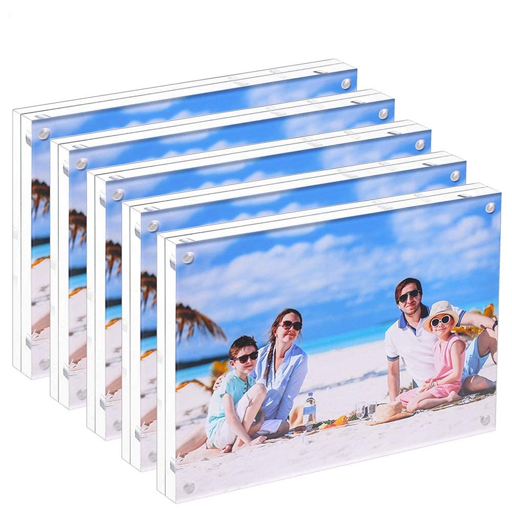 JUOIFIP 5 Pack Acrylic Picture Frame 5x7 Clear Double Sided Magnetic Picture Frameless Desktop Display Photo Frame with Stand Be