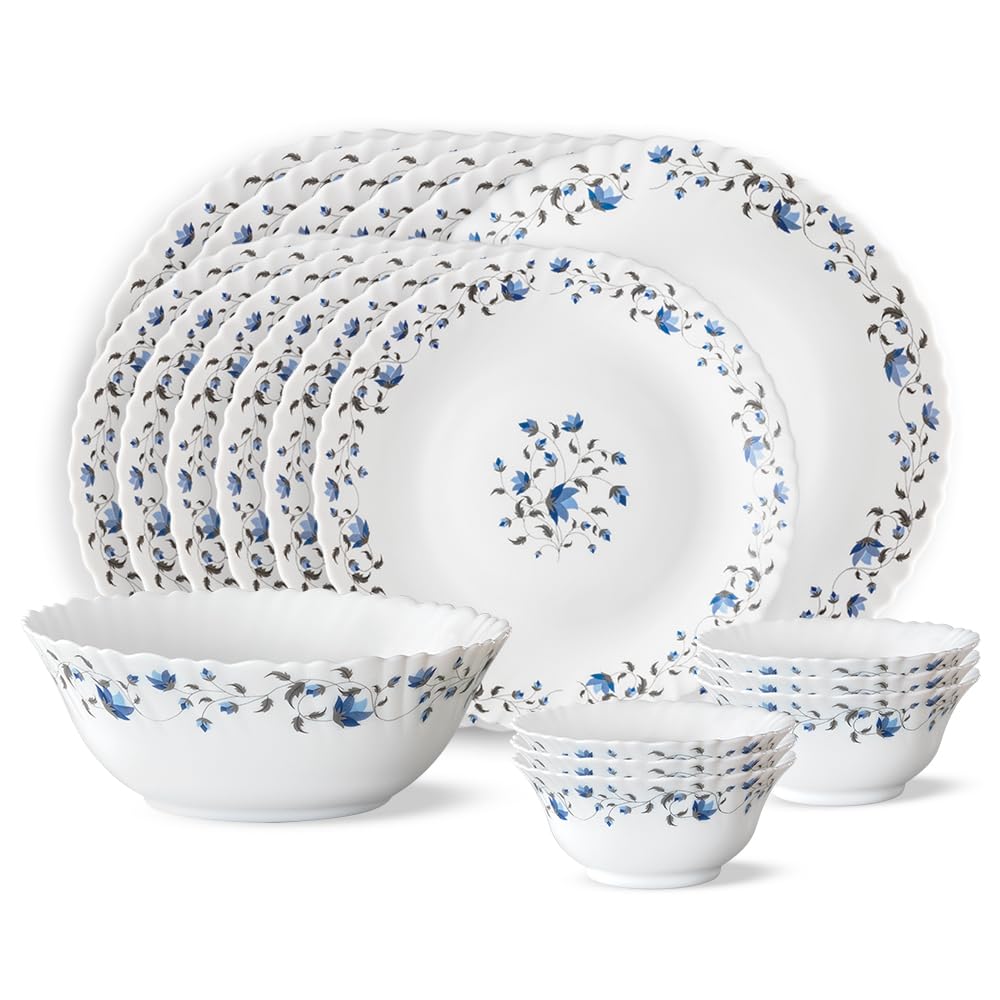 Larah By Borosil Fluted Series Helena Opalware Dinner Set | 19 Piece For Family Of 6 | Microwave & Dishwasher Safe | BoneAsh Fr