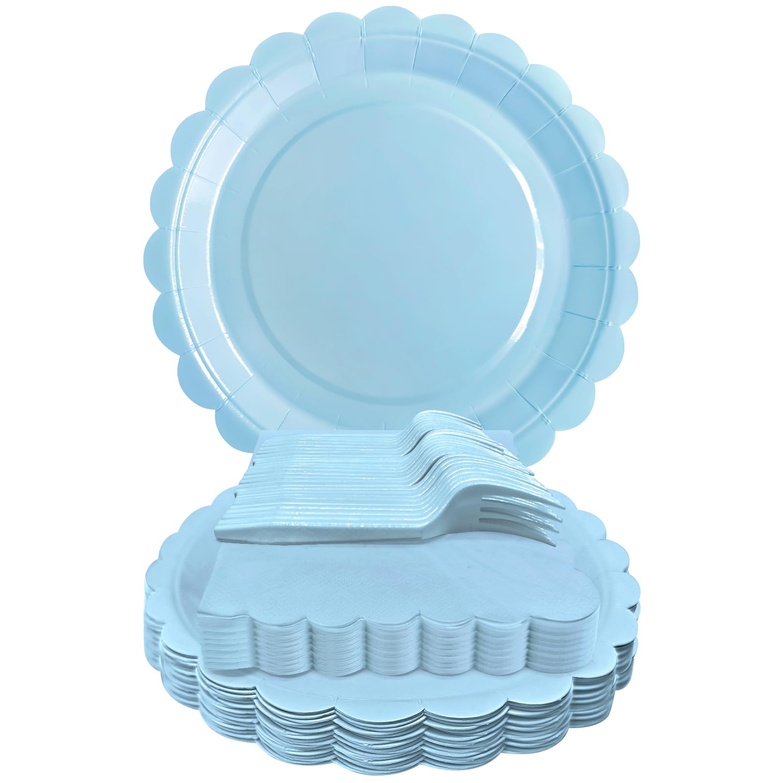 WYQJHKV Light Blue Paper Plates and Napkins,7 Inch Baby Blue Scalloped Disposable Dessert Plates Paper Napkin Fork Party Supplie