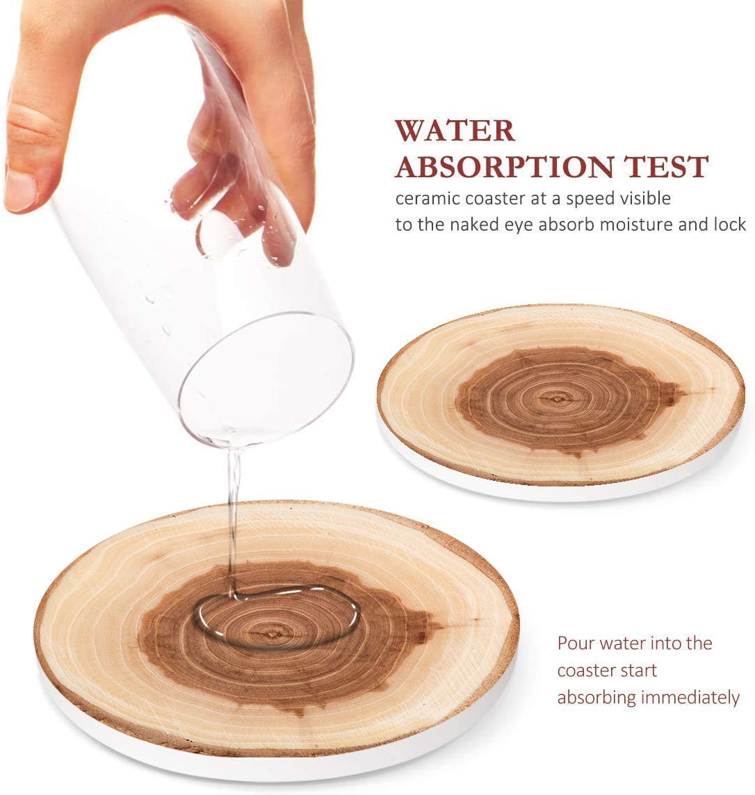 Britimes Coaster For Drinks Set Of 6, Wood Grain Absorbent Round Ceramic Stone Mat, With Cork Base And Metal Holder, Gift For Ho