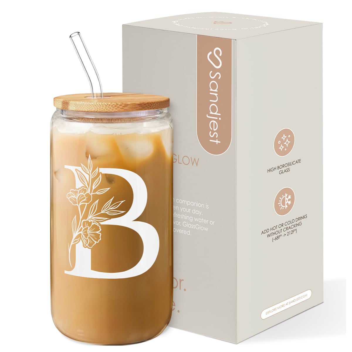 SANDJEST Monogrammed Gifts for Women - Monogram B Initial Glass Cup 16 Oz Can Coffee Cups with Lid and Straw - Monogram Initials