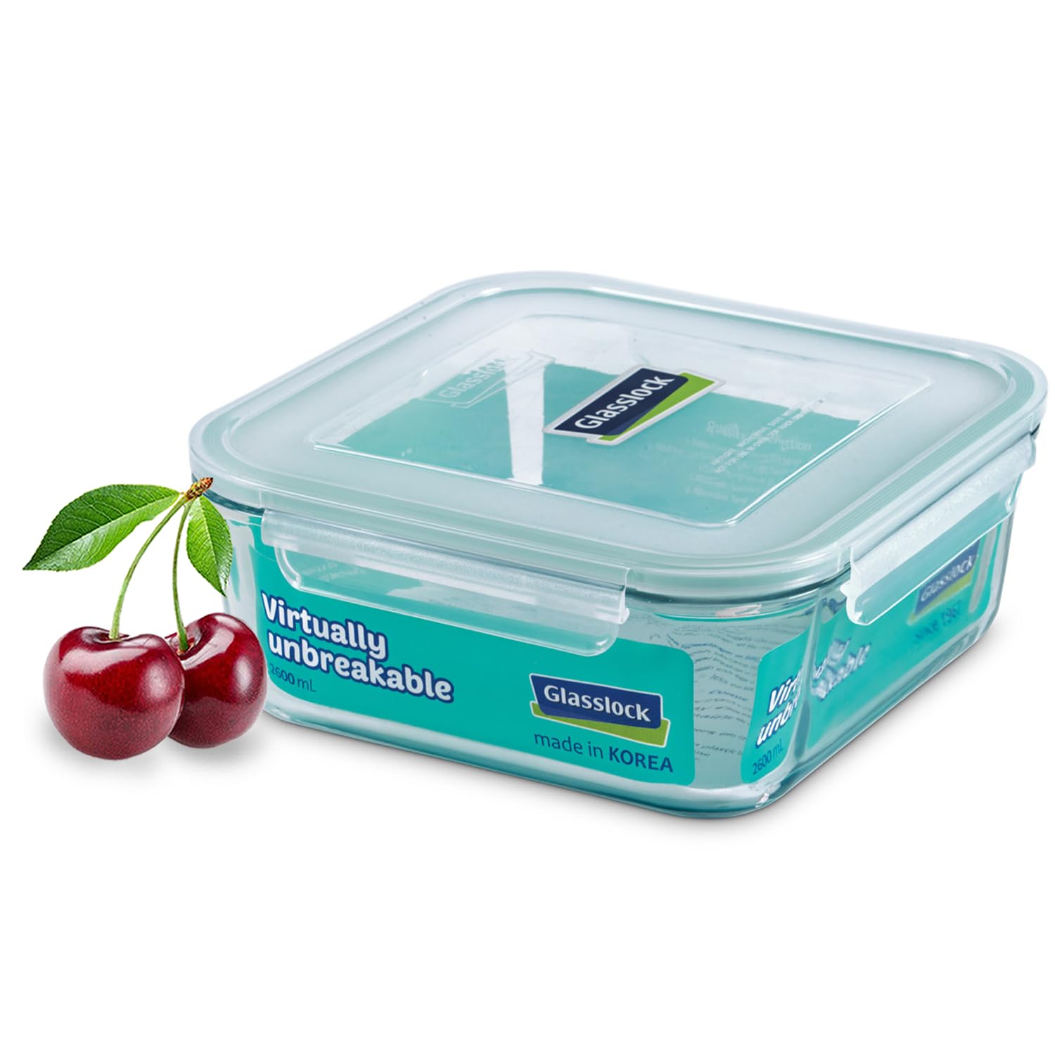 Glasslock Korea Tempered Glass Container, 2600 Ml, Square - Microwave Safe Food Storage Box With Lid, Airtight - Classic Type Ki