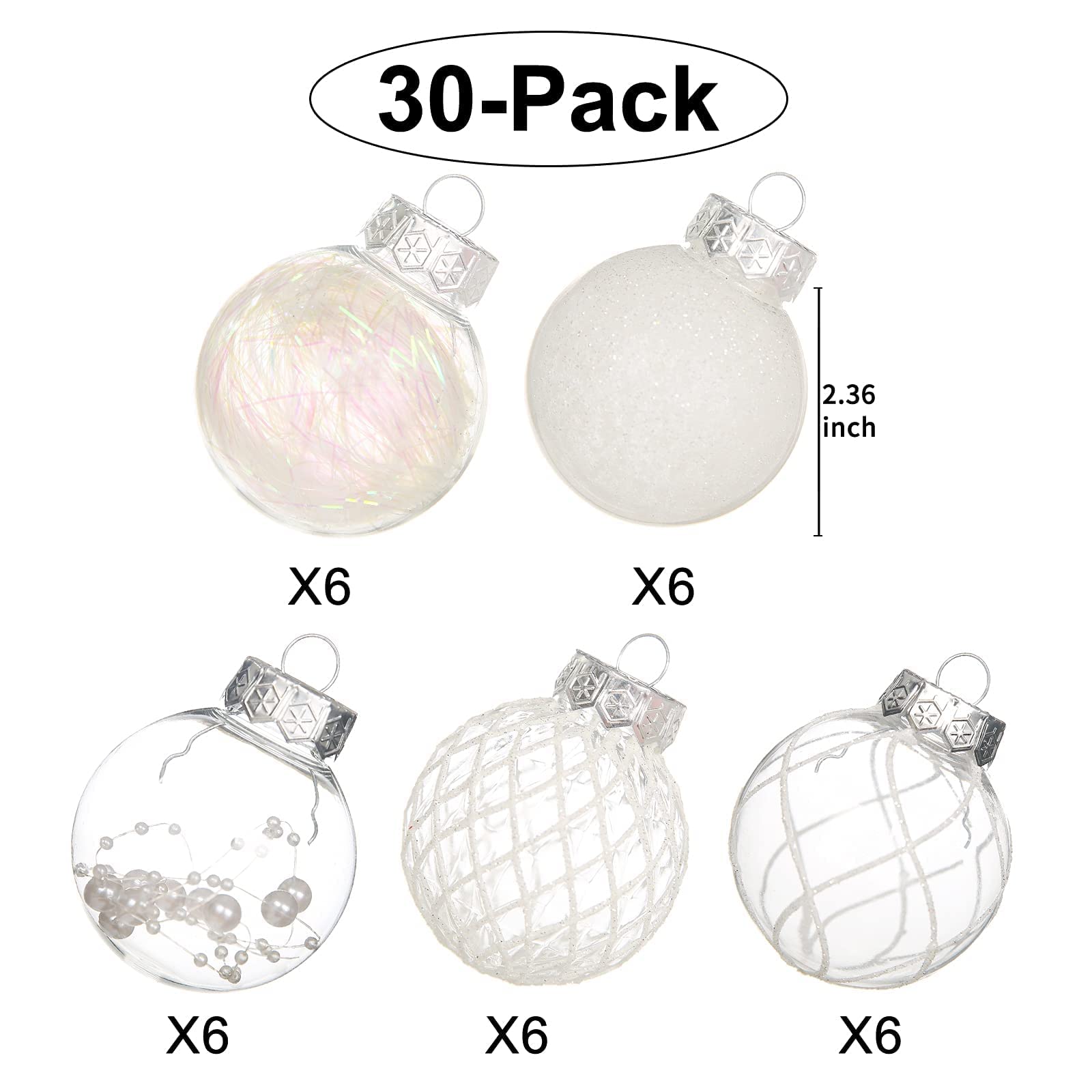 Clear Christmas Ball Ornaments, 30ct 2.36 Inch White Christmas Ornaments Balls for Christmas Tree with Delicate Stuff Shatterpro