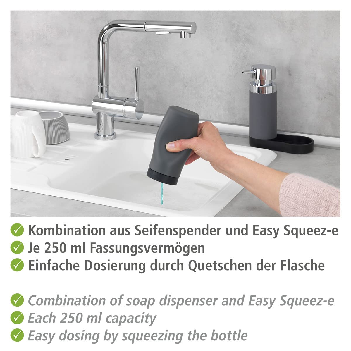 WENKO Dish Soap Dispenser, 8.5 Oz Round Refillable Plastic Bottle, Gray, Easy to Fill, Kitchen Sink Essential, Model 54735100