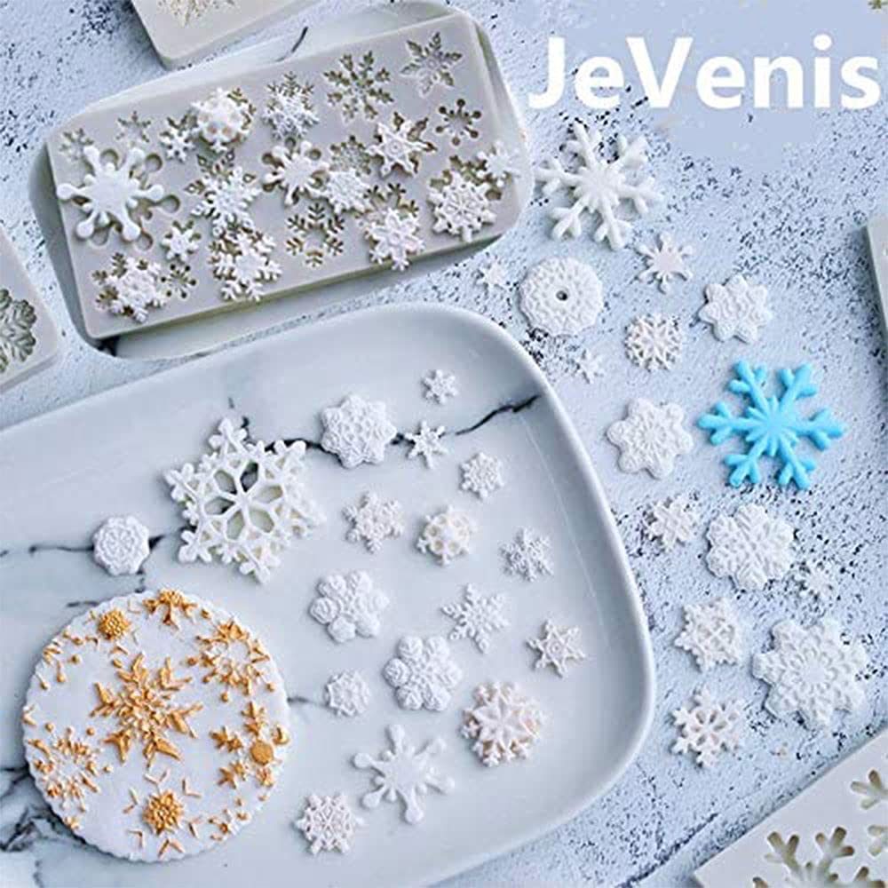 Jevenis Set Of 4 Snowflake Fondant Mold 3D Christmas Cake Decorations Winter Cupcake Topper For Chocolate Candy Soap Cake Baking