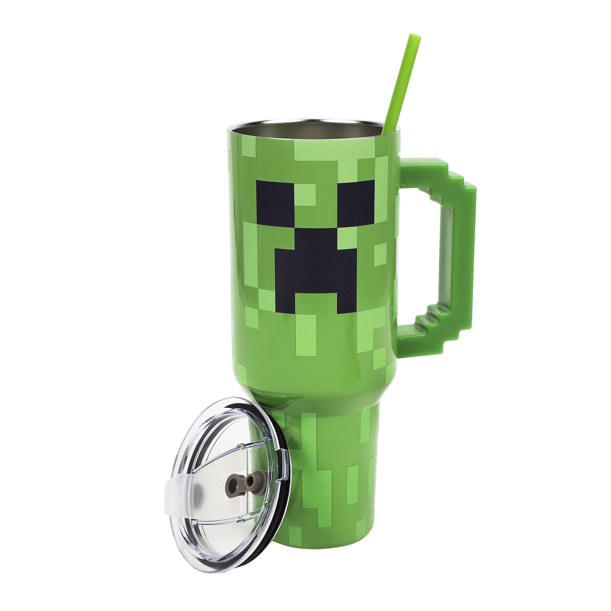 Bioworld Minecraft Creeper Ultimate 40 Oz. Stainless Steel Tumbler With Pixelated Handle