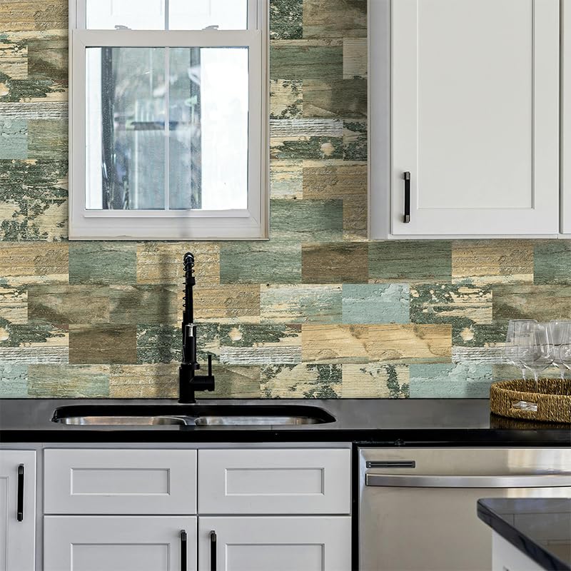 DEWOO 20-Sheet DEWOO Peel and Stick Self Adhesive Wall Tiles Kitchen Backsplash Distressed Wood Look,Vintage Old Fashion (13.5 x