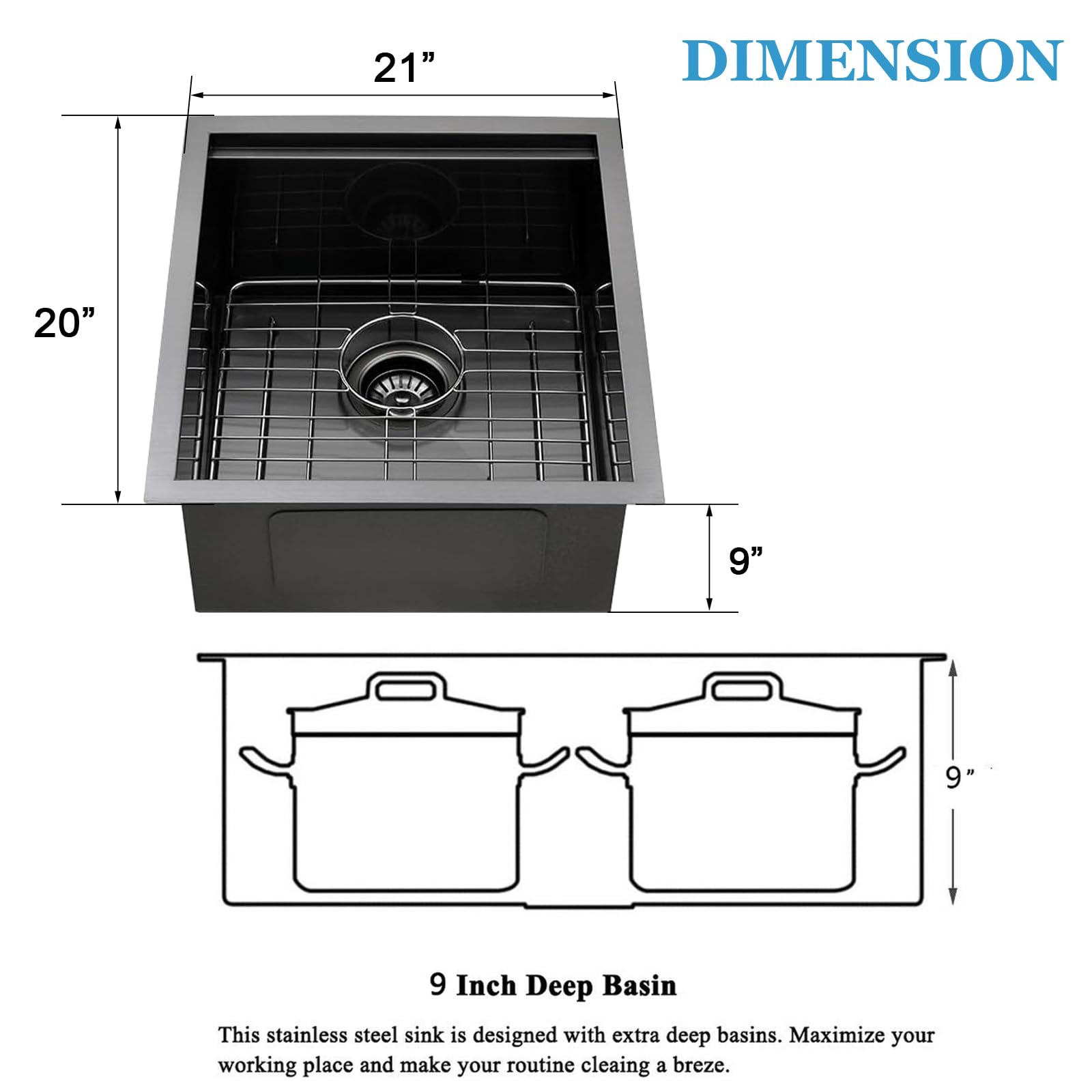 Shaco 21X20 Inch Black Kitchen Sink, 21 Inch Gunmetal Black Undermount Single Bowl Bar Sink, Handmade Stainless Steel 16 Gauge W