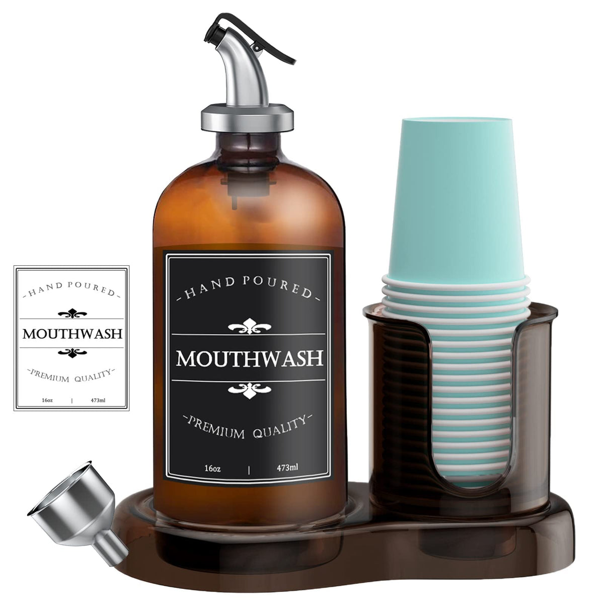 Amber Glass Mouthwash Dispenser With Cup Holder For Bathroom, 16Oz Refillable Mouthwash Bottles Container With Tray, Funnel And