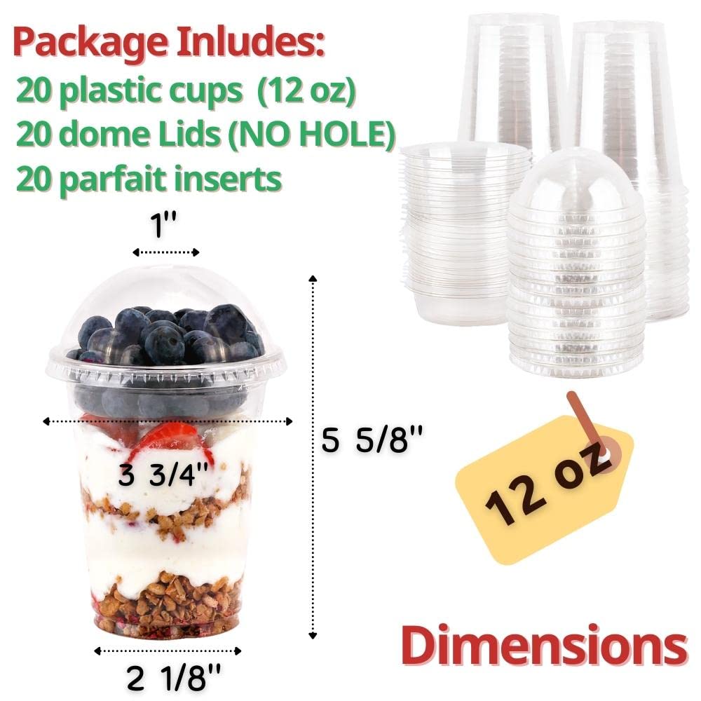 Aatriet 12 Oz Clear Plastic Parfait Cups With Insert 3.25Oz & Dome Lids No Hole - (20 Sets) Yogurt Fruit Parfait Cups, For Dips