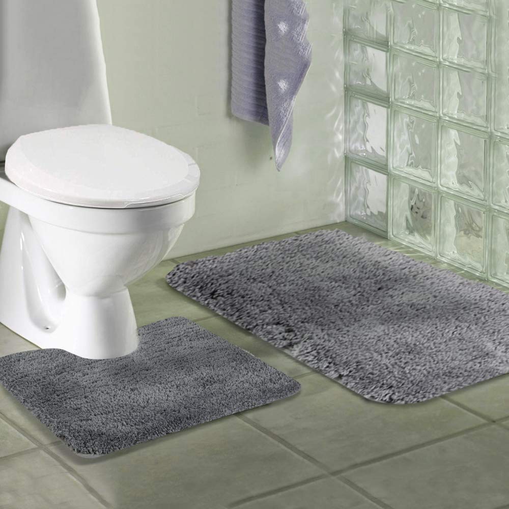 Walensee Shaggy 2 Piece Bath Rug Sets (Grey) 20 X 24 Non Slip, U Shape Contour Rug & 20 X 32, Machine Wash/Dry Plush Absorbent B