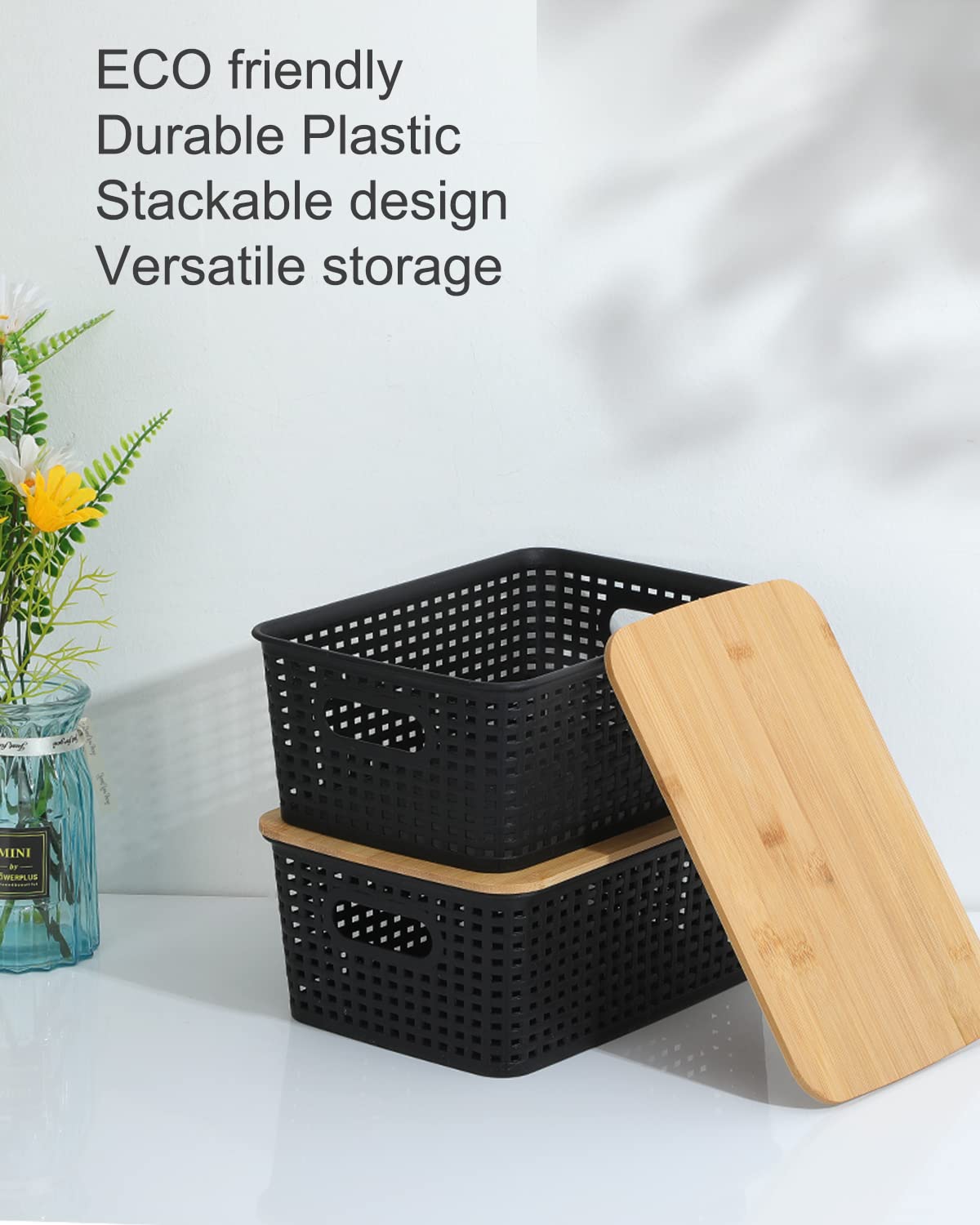 Areyzin Storage Bins With Bamboo Lids Set Of 6 Lidded Storage Container Plastic Baskets Organizer Bins For Organizing Kithen Roo